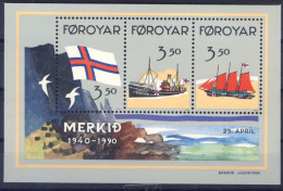 1990-Faeroer (MNH=**) Foglietto 3 Valori Bandiera, Imbarcazioni - Faroe Islands