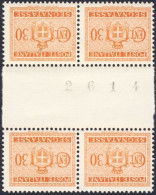 1945-Italia (MNH=**) Quartina Segnatasse 30c.arancio Senza Filigrana Con Intersp - Nuevos