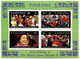 1987-Tanzania (MNH=**) Foglietto S.4v."60 Anniversario Di Sua Maestà La Regina E - Tansania