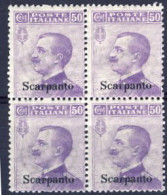 1912-Scarpanto (MNH=**) Quartina Del 50c. Violetto Michetti Cat.Sassone Euro 30 - Egée (Scarpanto)