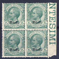 1912-Rodi (MNH=**) Quartina Del 5c. Leoni Cat.Sassone Euro 50 - Egeo (Rodi)