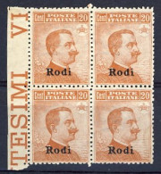 1912-Rodi (MNH=**) Quartina Del 20c. Arancio Michetti Filigrana Corona E Bordo D - Egée (Rodi)