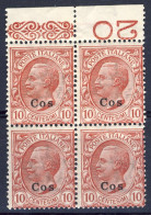 1912-Cos (MNH=**) Splendida Quartina Bordo Di Foglio Del 10c.rosa Leoni Soprasta - Egeo (Coo)