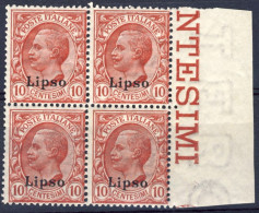 1912-Lipso (MNH=**) Splendida Quartina Bordo Di Foglio Del 10c.rosa Leoni Sopras - Ägäis (Lipso)