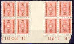 1934-Italia (MNH=**) Due Quartine Del Segnatasse 20c. Carminio Bordo Di Foglio E - Ongebruikt