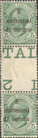 1919-Trento E Trieste (MNH=**) Coppia 5c.su 5c. Leoni Con Interspazio Di Gruppo - Trentino & Triest