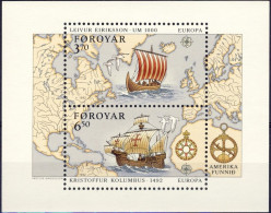 1992-Faeroer (MNH=**) Foglietto S.2v."Europa Cept 5° Centenario Della Scoperta D - Féroé (Iles)