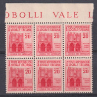 1944-Italia (MNH=**) Blocco Di 6 Del 20c.con Un Valore Varietà SOCIAIE - Ungebraucht
