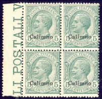 1912-Calimno (MNH=**) Quartina 5c. Leoni Con Bordo Di Foglio Cat.Sassone Euro 30 - Egée (Calino)