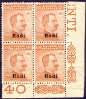 1918-Rodi (MNH=**) Quartina 20c. Michetti Con Angolo Di Foglio Cat.Sassone Euro  - Egeo (Rodi)