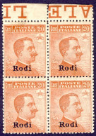 1918-Rodi (MNH=**) Quartina 20c. Michetti Con Bordo Di Foglio Cat.Sassone Euro 7 - Egée (Rodi)