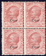 1912-Caso (MNH=**) Quartina 10c. Leoni Cat.Sassone Euro 15 - Egeo (Coo)