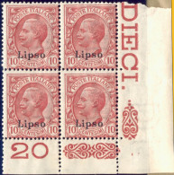 1912-Lipso (MNH=**) Quartina 10c. Leoni Angolo Di Foglio Con Numero Di Tavola Ca - Ägäis (Lipso)