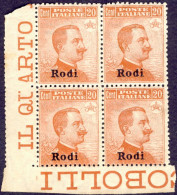 1918-Rodi (MNH=**) Quartina 20c. Michetti Con Angolo Di Foglio Cat.Sassone Euro  - Aegean (Rodi)
