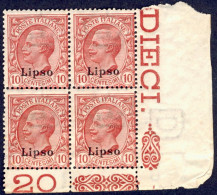 1912-Lipso (MNH=**) Quartina 10c. Leoni Angolo Di Foglio Con Numero Di Tavola Ca - Ägäis (Lipso)