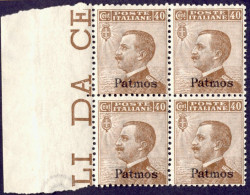 1912-Patmo (MNH=**) Quartina 40c. Michetti Bordo Di Foglio Cat.Sassone Euro 50 P - Egeo (Patmo)