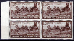 1951 (MNH=**) 100 NASCITA F. P. Michetti Blocco Di Quattro Lire 20 Nuovo Gomma O - 1946-60: Nieuw/plakker