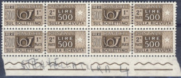 1955/79-Italia (MNH=**) Quartina Pacchi Postali L.500 Corno Di Posta Filigrana S - 1946-60: Mint/hinged
