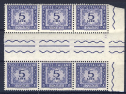 1955-Italia (MNH=**) Intera Striscia Segnatasse L.5 Filigrana Stelle Violetto Co - 1946-60: Nuevos