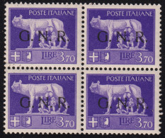 1944-Italia (MNH=**) GNR Quartina L.3,70 Imperiale Soprastampata (484x4) Siglata - Ungebraucht