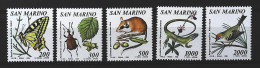 1990-San Marino (MNH=**) Serie 5 Valori Animali Vari (farfalla Insetto Marsupial - Unused Stamps