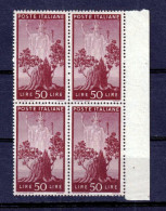 1945 (MNH=**) Democratica Blocco Quattro Lire 50 (ottima Centratura!) Nuovo Gomm - 1946-60: Neufs