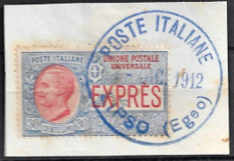 1912 POSTE ITALIANE/LIPSO (EGEO) Timbro Gomma Blu Su Frammento, Affrancato Regno - Egée (Lipso)