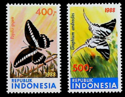 1988-Indonesia (MNH=**) Serie 2 Valori Farfalle - Indonesië