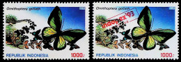 1993-Indonesia (MNH=**) 2 Valori (uno Con Soprastampa Rossa) Farfalle - Indonesië
