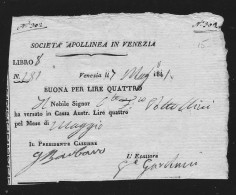 BUONO PER LIRE QUATTRO " SOCIETA' APOLLINEA IN VENEZIA " 7 MAGGIO 1884 C957 - Unclassified