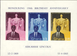 1959-Ghana (MNH=**) Foglietto 3v."150 Anniversario Del Pres. A.Lincoln"cat.Yvert - Ghana (1957-...)