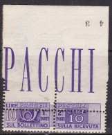 1946/51-Italia (MNH=**) Pacchi Postali L.10 Bordo Di Foglio Con Dentellatura Ori - 1946-60: Mint/hinged