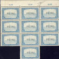 1918-Fiume (MNH=**) 75f.celeste E Celeste Chiaro "veduta"Blocco Di 10 Esemplari  - Fiume