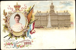 Lithographie Amsterdam Nordholland Niederlande, Reine Wilhelmina, Fest 1898, Palast - Royal Families