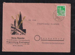 Bizone 1948 Orts Brief Regensburg Werbung Turm Uhren Bau Rauscher - Cartas & Documentos