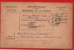CARTE MINISTERE DE LA GUERRE LE 09/11/1918 - BULLETIN DE SANTE D' UN MILITAIRE EN TRAITEMENT - Brieven En Documenten