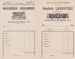 2 Factures Saint Laurent Lès Mâcon (01 Ain) De La Boucherie Descombes 1910 Puis Des Repreneurs Labruyère 1920 (14 X 9cm) - Lebensmittel