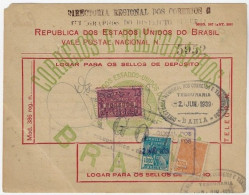 Brazil 1939 Money Order Shipped In Bahia Vale Postal Stamp 200$000 Réis + Definitite 600 And 1.000 Réis - Storia Postale