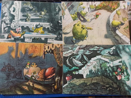 4 PCs Lot - Russian Illustrator Galey Fairy Tale "Le Avventure Di Cipollino" . Old Postcard 1955 - Hongos