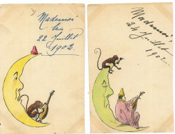 2 Cpa Illustrateur A.H. La Lune, Le Singe, Pierrot Et La Mandoline, Envoi 1902 - Autres & Non Classés