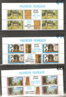 Polynesia: Full Set Of 3 Mint Stamps In Blocks Of 4 With Labels, Catholic Churches, 1985, Mi#439-441, MNH - Unused Stamps