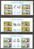 Polynesia: Full Set Of 3 Mint Stamps In Blocks Of 4 With Labels, Catholic Missionaries, 1987, Mi#492-494, MNH - Ungebraucht