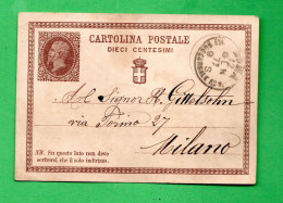 CARTOLINA POSTALE- VITTORIO EMANUELE II .1874  C. 10. ROMA Per MILANO. 12/01/1877 - Interi Postali