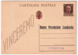 1945-RSI Cartolina Postale Vinceremo  C.30 Con Stampa Privata Banca Provinciale  - Marcophilie