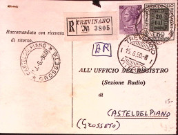 1960-FRANCOBOLLO ROMAGNE Lire 60 + Siracusana Lire 25 Su Cartolina Raccomandata  - 1946-60: Marcophilia