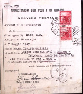 1947-Democratica Coppia Lire 3 Su Ricevuta Ritorno - 1946-60: Marcophilia