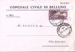 1961-OLIMPICA Lire 25 Isolato Su Cartolina Belluno (25.7) - 1961-70: Marcofilie