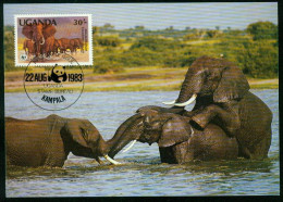 Mk Uganda Maximum Card 1983 MiNr 363 A | Endangered Wildlife. WWF. Elephants At Waterhole #max-0100 - Oeganda (1962-...)