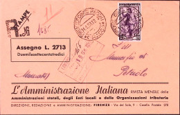 1953-Italia Al Lavoro Lire 50 Isolato Su Stampe Racc/c. Assegno - 1946-60: Marcophilie