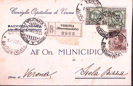 1928-Floreale Due C.25 + Michetti C.40 Su Cartolina Raccomandata Verona (11.12) - Marcophilie